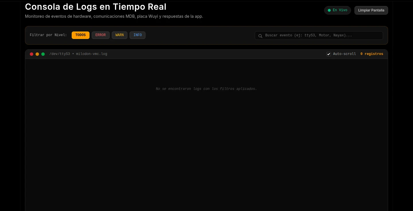 Consola de logs en tiempo real del panel de Milodón VMC